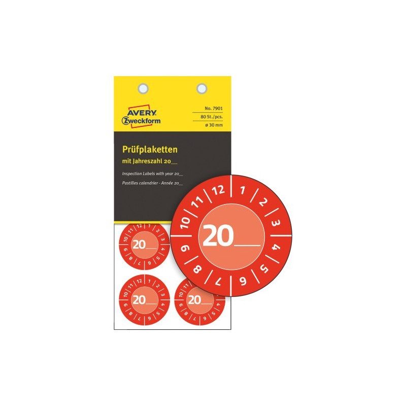 Avery 7901 Rød inspektionsetiket Vinyl Ø30mm udfyld selv årstal (80stk)