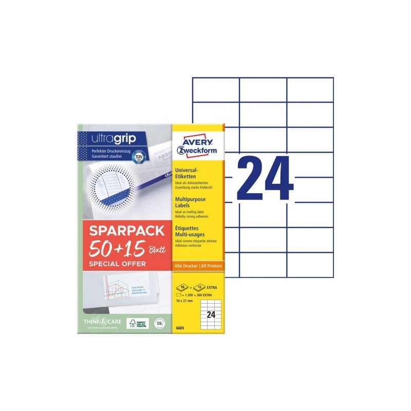 Avery 6605 Universaletiketter med ultragrip 70x37mm (65ark) Avery 6605 Universaletiketter med ultragrip 70x37mm (65ark)