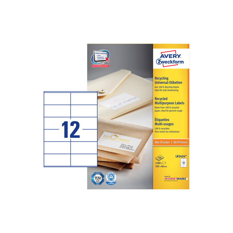 Avery LR3424 Adresse etiketter DL kuverter 12 pr. ark 105 x 48 100 ark