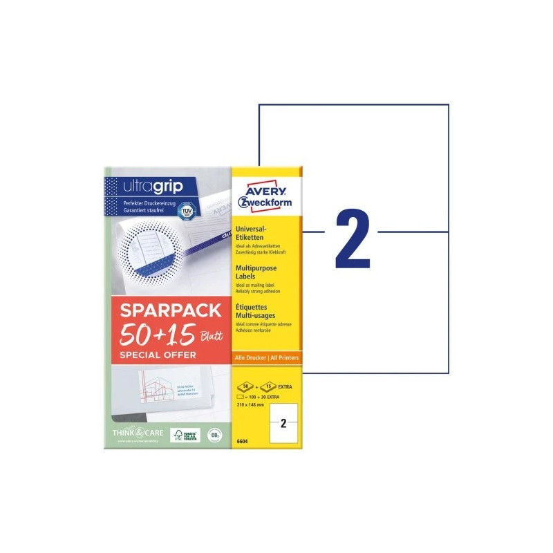 Avery 6604 Universaletiketter med ultragrip 210x148mm (65ark) Avery 6604 Universaletiketter med ultragrip 210x148mm (65ark)