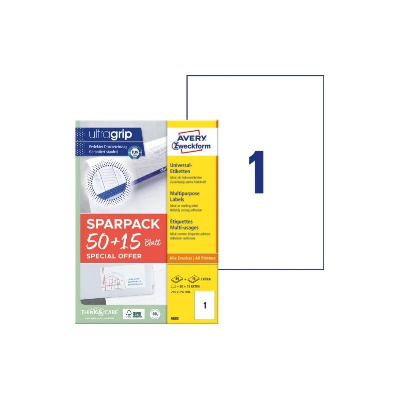 Avery 6603 Universaletiketter med ultragrip 210x297mm (65ark) Avery 6603 Universaletiketter med ultragrip 210x297mm (65ark)