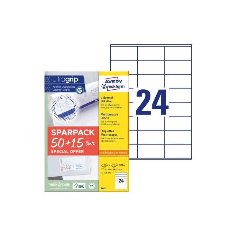 Avery 6602 Universaletiketter med ultragrip 70x36mm (65ark) Avery 6602 Universaletiketter med ultragrip 70x36mm (65ark)