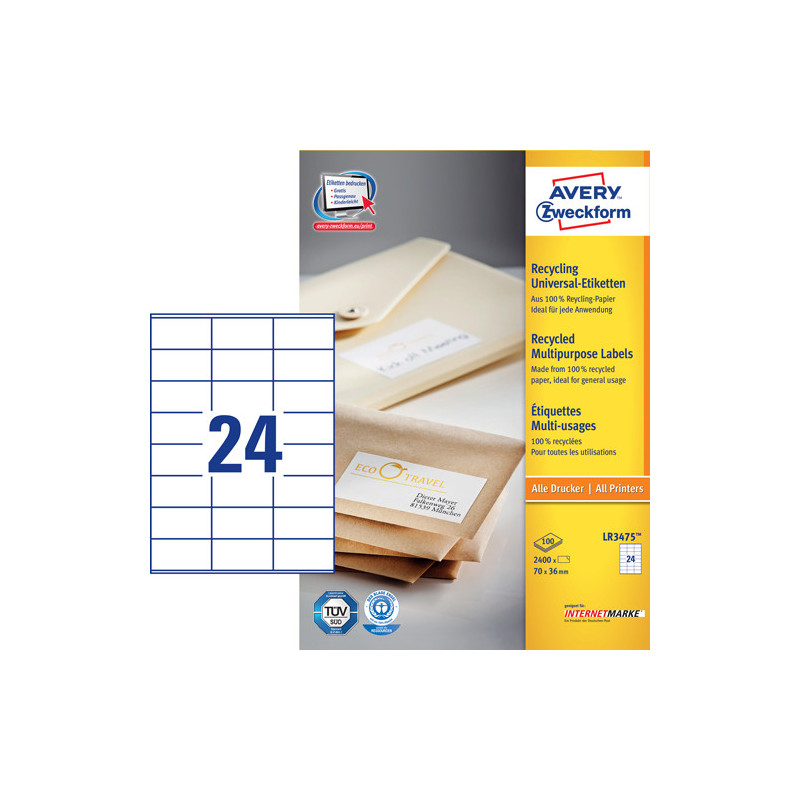 Avery LR3475 Adresse etiketter små kuverter 24 pr. ark 70 x 36 100 ark