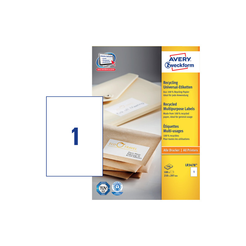 Avery LR3478 Shipping etiketter for store parcels and pallets 1 pr. ark 210 x 297 100 ark