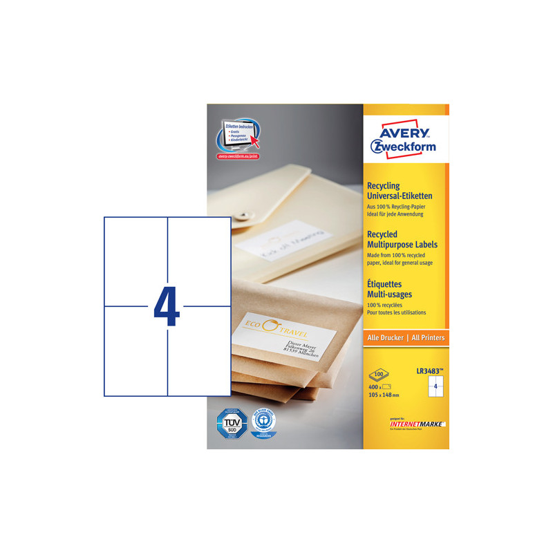 Avery LR3483 Adresse etiketter store kuverter 4 pr. ark 105 x 148 100 ark