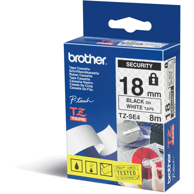 Brother TZ-SE4 Sort tekst på hvid 18mm, sikkerhedstape