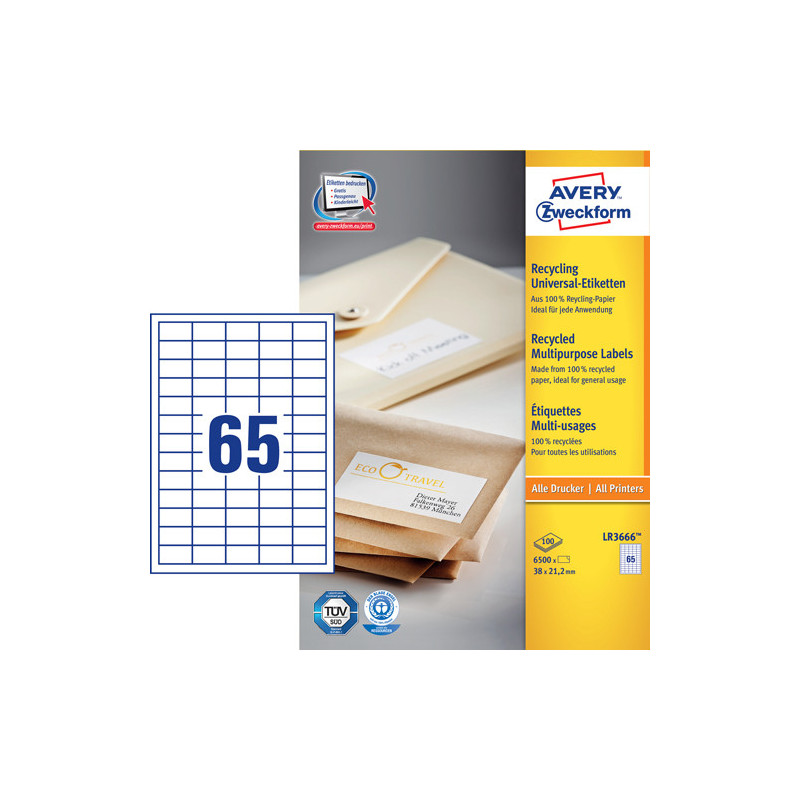 Avery LR3666 Adresse etiketter små kuverter 65 pr. ark 38 x 21