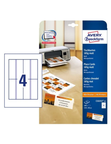 Avery C32253-25 bordkort til moeder, konferencer, fest osv. 40 x 110mm 25Ark , 4pr. ark