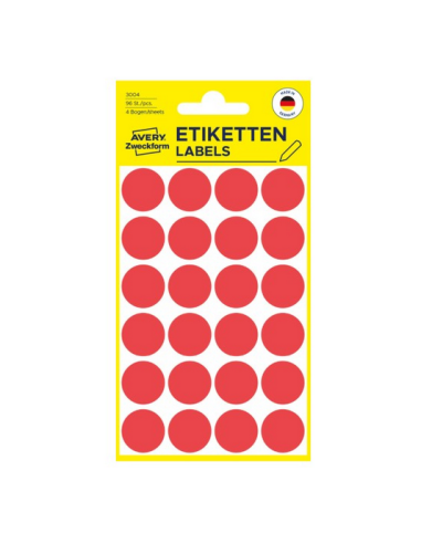 Avery 3004 Labels-Etiketter, RØDE runde Ø18mm 96stk.