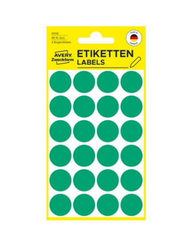 Avery 3006 Labels, GRØNNE runde Ø18mm 96stk.