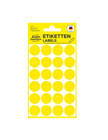 Avery 3007 Labels-Etiketter, gule runde Ø18mm