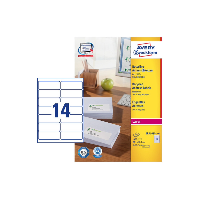 Avery LR7163-100 Adresse etiketter DL kuverter 14 pr. ark 99.1 x 38.1 100 ark