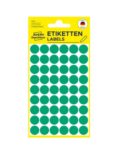 Avery 3143 Labels, GRØNNE runde Ø12mm 270stk.