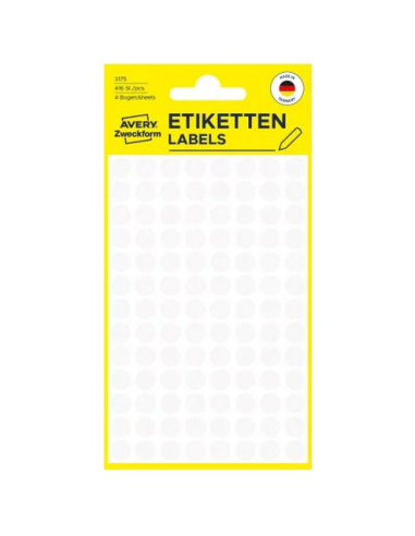 Avery 3175 Labels, hvide runde Ø8mm 416stk.