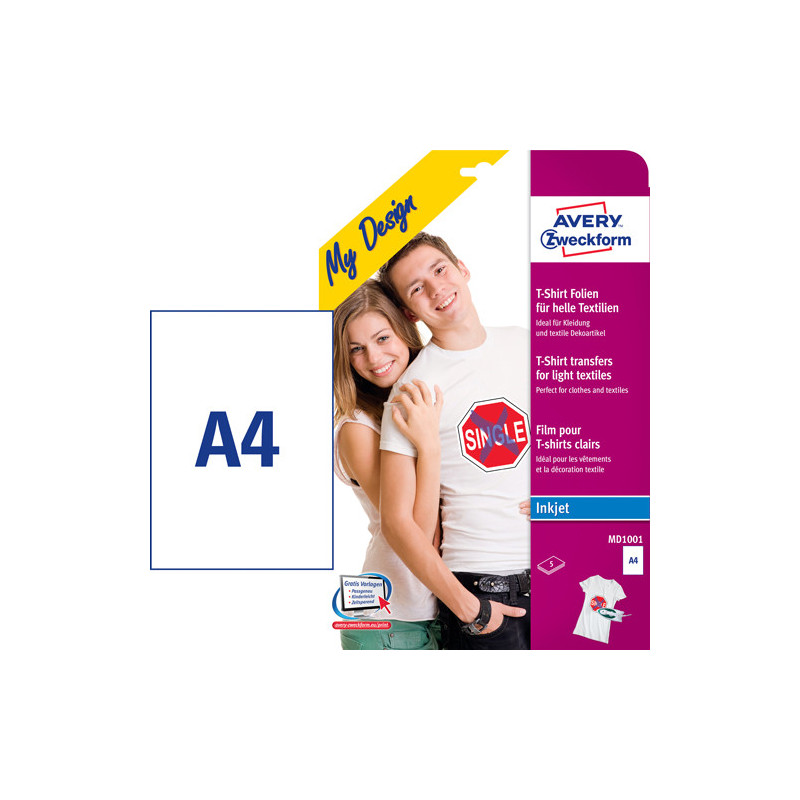 Avery MD1001 T-Shirt Transfer til Lyse textiler 5sh 1 pr. ark A4 5 ark