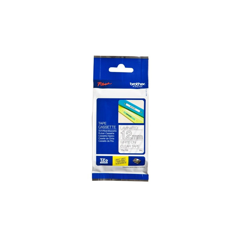 Brother TZe-135  tape lamineret 12mm x 8m hvid på klar-transparent