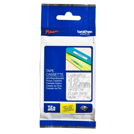 Brother TZe-135  tape lamineret 12mm x 8m hvid på klar-transparent