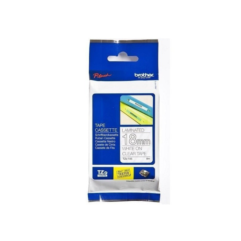 Brother TZe-145  tape lamineret 18mm x 8m hvid på klar-transparent