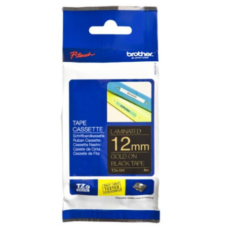 Brother TZe-334 Guld tekst på sort tape lamineret 12mm