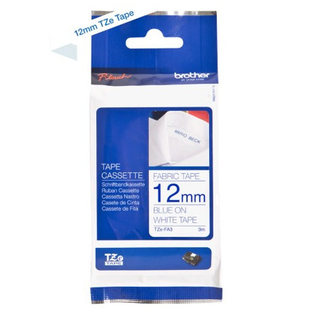 TZFA3-TZ-FA3-TZeFA3 Blå tekst på hvid "stryg på" stoftape 12mm (3m)