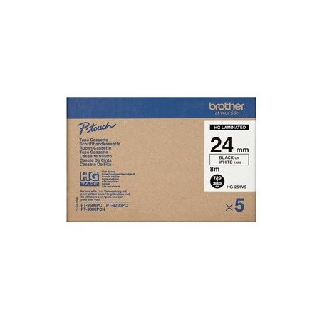 HGE251V5 Sort tekst på hvid tape 24mm Brother (8m. rulle) 5 Stk.
