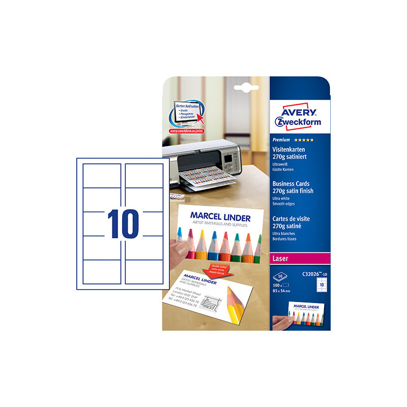 Avery C32026-10 Visitkort ultrahvid 270g 85x54 10ark