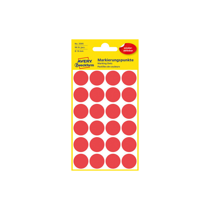 Avery 3595 Aftagelige runde røde farvekodingsdots Avery 3595 Aftagelige runde røde farvekodingsdots
