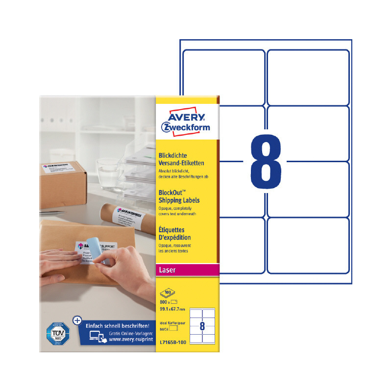 Avery L7165B-100 BlockOut Adresse etiketter 8 pr. ark 99.1 x 67.7 100 ark