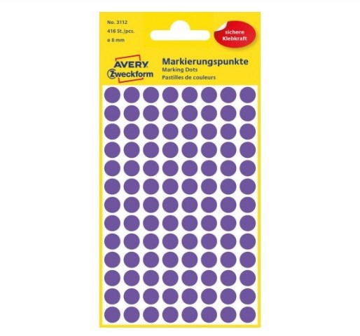 Avery 3112 Runde etiketter, permanent lim, violet 8mm, 416stk