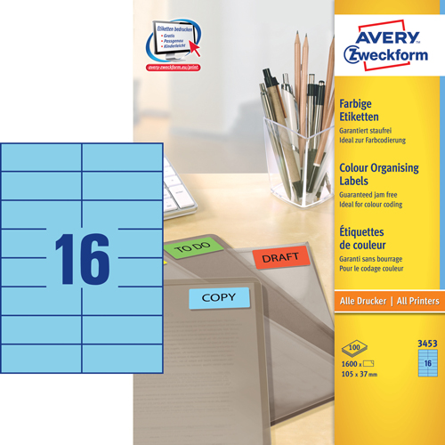 Avery 3453 Universale Labels/Etiketter, bl 105x37 16 pr.ark 100ark