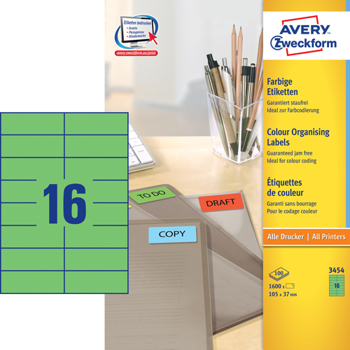 Avery 3454 Universale Labels/Etiketter, GRNNE 105x37 16 pr.ark 100ark