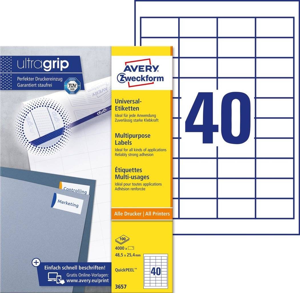 Avery 3657 hvide labels 40 pr. ark, blaek og Laserprinter 48,5x25,4 100ark