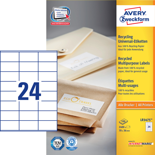 Avery LR3475 Adresse etiketter sm kuverter 24 pr. ark 70 x 36 100 ark