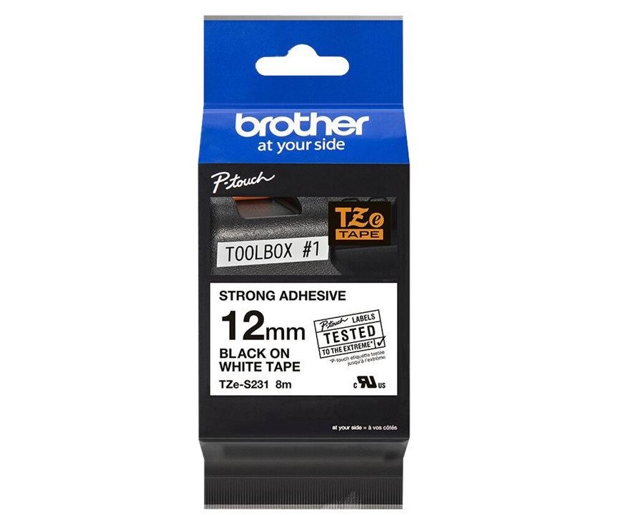 Brother TZe-S231 Sort p hvid tape, lamineret 12mm ekstra klb