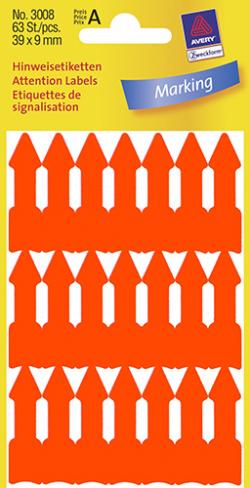 Avery 3008 Attention etiketter, selvklbende pile, orange, 39x9mm, 63stk, 39 x 9 mm, 63stk