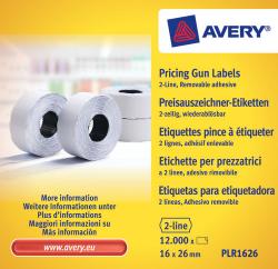 Avery PLR1626 Hvid Prisetiket 2 linier, op til 18 cifre, Aftagelige, 1200 pr. rulle, 26x16 mm (10stk.)