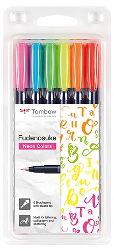 Brush pen Fudenosuke hrd neon 6 farver, Tombow WS-BH-6P